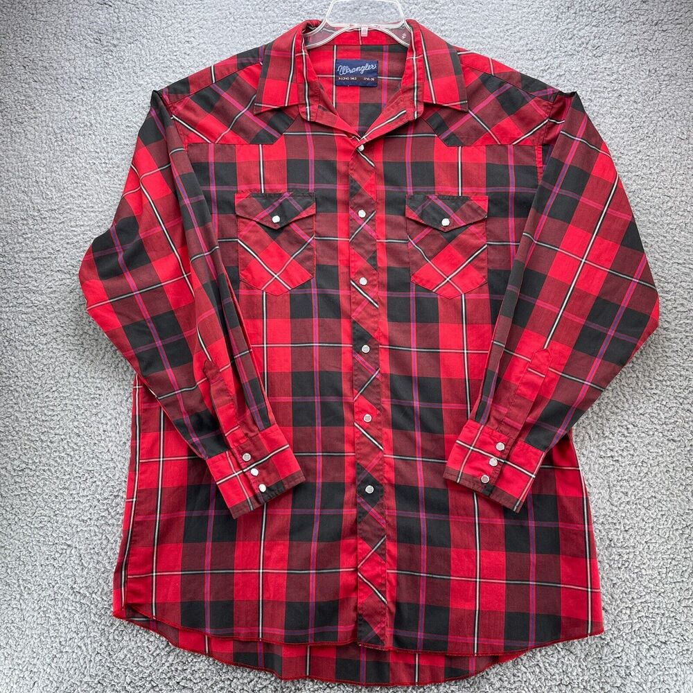 Wrangler Shirt X-Long Tails Mens XL (17.5-36) Red Plaid Pearl Snap Rodeo Western